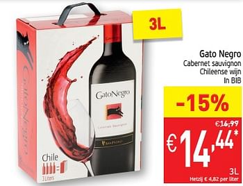 Promoties Gato negro cabernet sauvignon chileense wijn in bib - Rode wijnen - Geldig van 13/08/2019 tot 18/08/2019 bij Intermarche