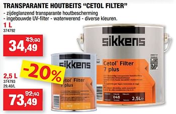 Promotions Transparante houtbeits cetol filter - Sikkens - Valide de 14/08/2019 à 25/08/2019 chez Hubo