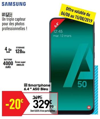 Promotions Samsung smartphone 6.4 `` a50 bleu - Samsung - Valide de 06/08/2019 à 26/08/2019 chez Conforama