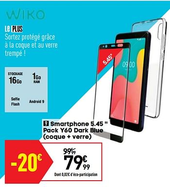 Promoties Wiko smartphone 5.45 `` pack y60 dark blue coque + verre - Wiko - Geldig van 06/08/2019 tot 26/08/2019 bij Conforama
