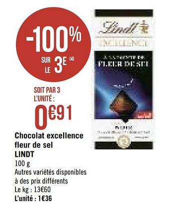 Promotions Chocolat excellence fleur de sel lindt - Lindt - Valide de 13/08/2019 à 25/08/2019 chez Géant Casino