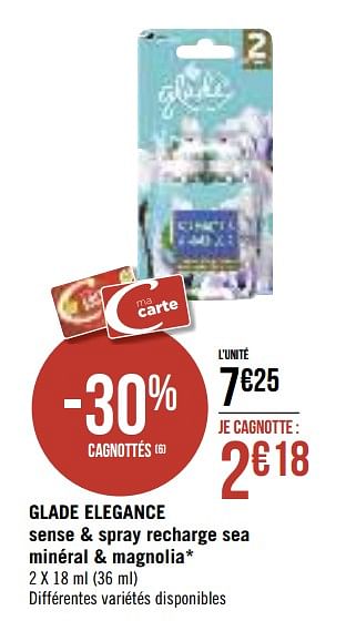 Promoties Glade elegance sense + spray recharge sea minéral + magnolia - Glade - Geldig van 13/08/2019 tot 25/08/2019 bij Géant Casino