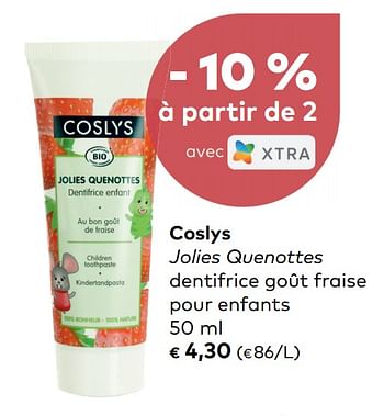 Promotions Coslys jolies quenottes dentifrice goût fraise pour enfants - Coslys - Valide de 07/08/2019 à 03/09/2019 chez Bioplanet