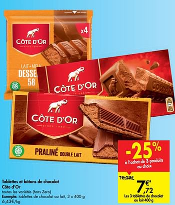 Promotions Tablettes et bâtons de chocolat côte d`or tablettes de chocolat au lait - Cote D'Or - Valide de 14/08/2019 à 26/08/2019 chez Carrefour