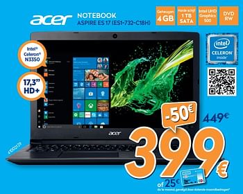 Promoties Acer notebook aspire es 17 (es1-732-c18h) - Acer - Geldig van 16/08/2019 tot 31/08/2019 bij Krefel
