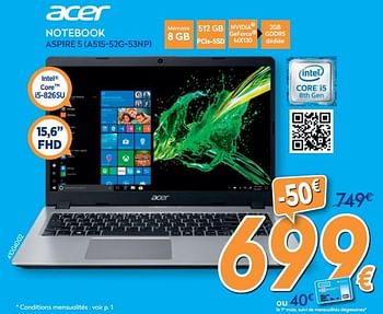 Promotions Acer notebook aspire 5 a515-52g-53np - Acer - Valide de 16/08/2019 à 31/08/2019 chez Krefel