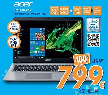 Promotions Acer notebook aspire 5 a515-52g-71m6 - Acer - Valide de 16/08/2019 à 31/08/2019 chez Krefel