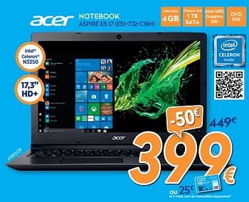 Promotions Acer notebook aspire es 17 es1-732-c18h - Acer - Valide de 16/08/2019 à 31/08/2019 chez Krefel
