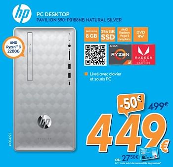 Promoties Hp desktop pc pavilion 590-p0188nb natural silver - HP - Geldig van 16/08/2019 tot 31/08/2019 bij Krefel