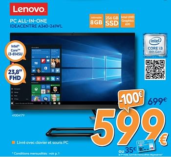 Promoties Lenovo all-in-one pc ideacentre a340-24iwl - Lenovo - Geldig van 16/08/2019 tot 31/08/2019 bij Krefel