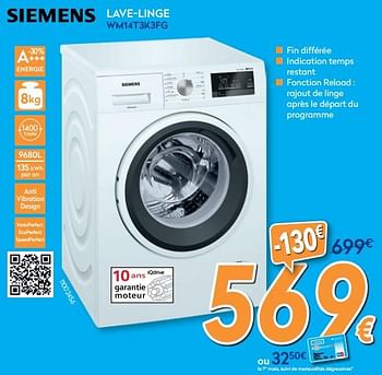 Promotions Siemens lave-linge wm14t3k3fg - Siemens - Valide de 16/08/2019 à 31/08/2019 chez Krefel