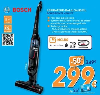 Promotions Bosch aspirateur-balai sans fil bch65power athlet - Bosch - Valide de 16/08/2019 à 31/08/2019 chez Krefel