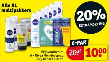 Promoties Alle xl multipakkers nivea men deospray dry impact - Nivea - Geldig van 20/08/2019 tot 25/08/2019 bij Kruidvat