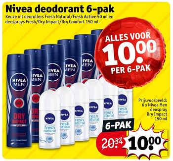 Promoties Nivea deodorant 6-pak nivea men deospray dry impact - Nivea - Geldig van 20/08/2019 tot 25/08/2019 bij Kruidvat