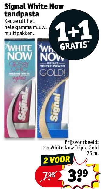 Promoties Signal white now tandpasta white now triple gold - Signal - Geldig van 20/08/2019 tot 25/08/2019 bij Kruidvat