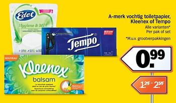 Promoties A-merk vochtig toiletpapier, kleenex of tempo - Kleenex - Geldig van 19/08/2019 tot 25/08/2019 bij Albert Heijn