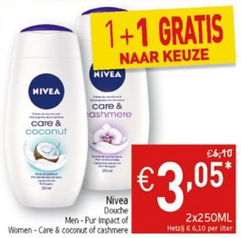 Promoties Nivea douche men - pur impact of women - care + coconut of cashmere - Nivea - Geldig van 20/08/2019 tot 25/08/2019 bij Intermarche