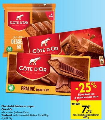 Promoties Chocoladetabletten en -repen côte d`or melkchocoladetabletten - Cote D'Or - Geldig van 14/08/2019 tot 26/08/2019 bij Carrefour
