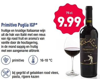 Promoties Primitivo puglia igp - Rode wijnen - Geldig van 19/08/2019 tot 24/08/2019 bij Aldi
