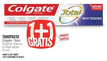 Promoties Tandpasta colgate - total - Colgate - Geldig van 22/08/2019 tot 28/08/2019 bij Delhaize