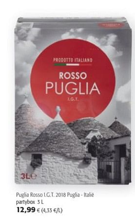 Promotions Puglia rosso i.g.t. 2018 puglia - ltalie partybox - Vins rouges - Valide de 14/08/2019 à 27/08/2019 chez Colruyt