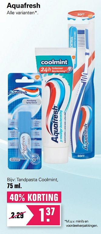 Promoties Aquafresh tandpasta coolmint - Aquafresh - Geldig van 18/08/2019 tot 31/08/2019 bij De Online Drogist