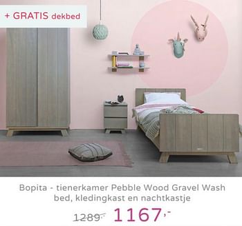 Promoties Bopita - tienerkamer pebble wood gravel wash bed, kledingkast en nachtkastje + gratis dekbed - Bopita - Geldig van 18/08/2019 tot 07/09/2019 bij Baby & Tiener Megastore