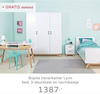 Promoties Bopita tienerkamer lynn bed, 3-deurskast en nachtkastje + gratis dekbed - Bopita - Geldig van 18/08/2019 tot 07/09/2019 bij Baby & Tiener Megastore