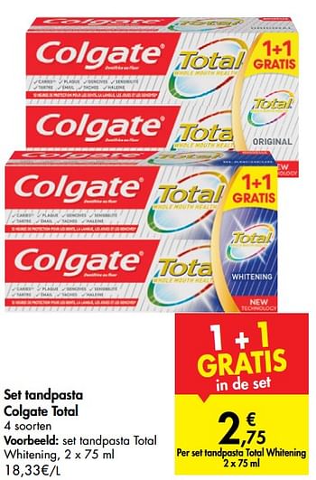 Promoties Set tandpasta colgate total set tandpasta total whitening - Colgate - Geldig van 21/08/2019 tot 02/09/2019 bij Carrefour