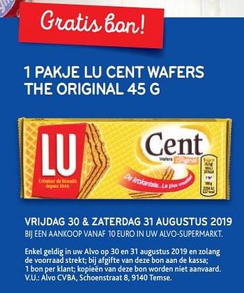 Promotions Gratis bon! 1 pakje lu cent wafers the original 45 g - Lu - Valide de 30/08/2019 à 31/08/2019 chez Alvo