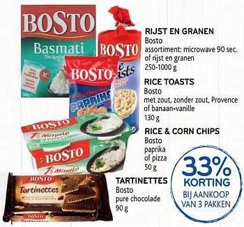 Promoties Rijst en granen bosto of rice toasts bosto of rice + corn chips bosto of tartinettes bosto 33% korting bij aankoop van 3 pakken - Bosto - Geldig van 28/08/2019 tot 10/09/2019 bij Alvo