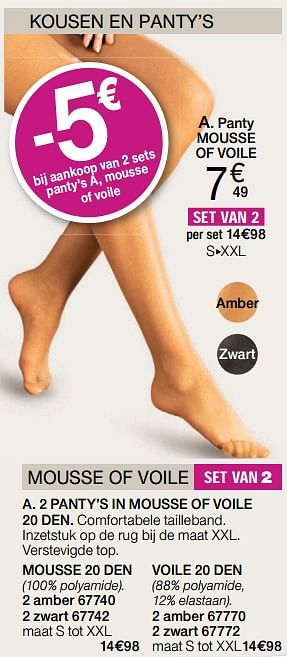 Promoties 2 panty`s in mousse of voile 20 den - Huismerk - Damart - Geldig van 05/08/2019 tot 31/12/2019 bij Damart