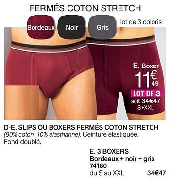 Promoties Slips ou boxers fermés coton stretch 3 boxers bordeaux + noir + gris - Huismerk - Damart - Geldig van 05/08/2019 tot 31/12/2019 bij Damart
