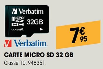 Promotions Verbatim carte micro sd 32 gb - Verbatim - Valide de 29/08/2019 à 16/09/2019 chez Electro Depot