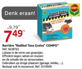 Promoties Barrière radikal toxa grains compo - Compo - Geldig van 04/09/2019 tot 23/09/2019 bij Brico