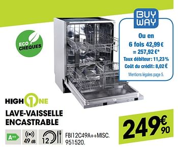 Promoties Highone lave-vaisselle encastrable fbi12c49a++misc. - HighOne - Geldig van 29/08/2019 tot 16/09/2019 bij Electro Depot