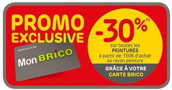 Promotions -30% sur toutes les peintures à partir de 150€ d`achat au rayon peinture - Produit maison - Brico - Valide de 04/09/2019 à 23/09/2019 chez Brico