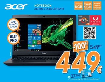 Promoties Acer notebook aspire 3 (a315-41-r6y9) - Acer - Geldig van 28/08/2019 tot 24/09/2019 bij Krefel