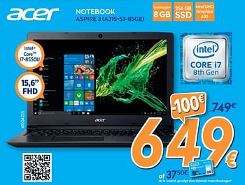 Promoties Acer notebook aspire 3 (a315-53-85ge) - Acer - Geldig van 28/08/2019 tot 24/09/2019 bij Krefel