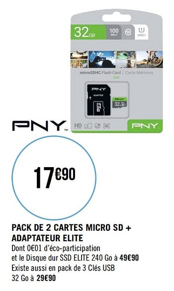 Promotions Pack de 2 cartes micro sd + adaptateur elite - PNY Technologies - Valide de 19/08/2019 à 15/09/2019 chez Géant Casino