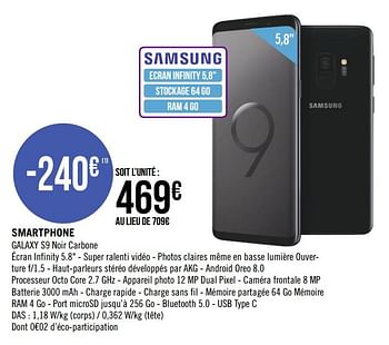 Promoties Samsung smartphone galaxy s9 noir carbone - Samsung - Geldig van 19/08/2019 tot 15/09/2019 bij Géant Casino