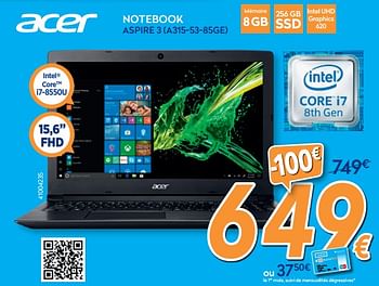 Promoties Acer notebook aspire 3 (a315-53-85ge) - Acer - Geldig van 28/08/2019 tot 24/09/2019 bij Krefel