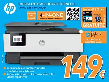 Promoties Hp imprimante multifonctionnelle officejet pro 8024 - HP - Geldig van 28/08/2019 tot 24/09/2019 bij Krefel