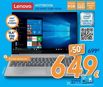 Promotions Lenovo notebook ideapad s340-15iwl - Lenovo - Valide de 28/08/2019 à 24/09/2019 chez Krefel