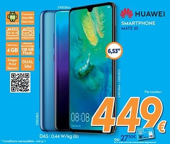 Promotions Huawei smartphone mate 20 - Huawei - Valide de 28/08/2019 à 24/09/2019 chez Krefel