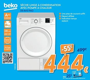 Promotions Beko sèche-linge à condensation avec pompe à chaleur ds 8412 pao - Beko - Valide de 28/08/2019 à 24/09/2019 chez Krefel
