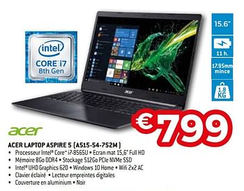 Promotions Acer laptop aspire 5 a515-54-752m - Acer - Valide de 19/08/2019 à 30/09/2019 chez Exellent