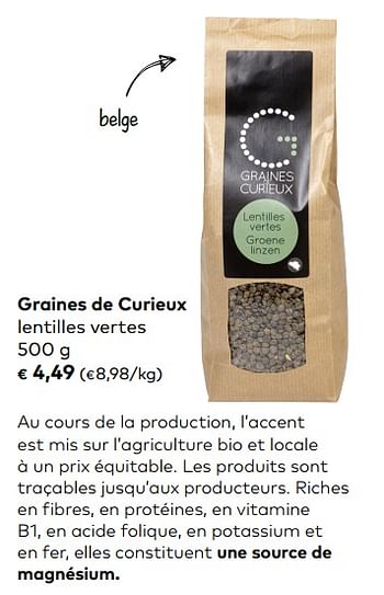 Promotions Graines de curieux lentilles vertes - Graines de Curieux - Valide de 04/09/2019 à 01/10/2019 chez Bioplanet