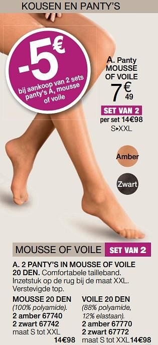 Promotions 2 panty`s in mousse of voile 20 den mousse 20 den - Produit Maison - Damart - Valide de 01/09/2019 à 30/09/2019 chez Damart