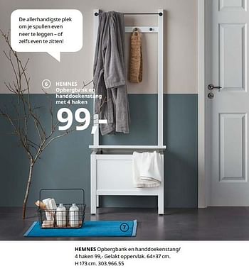 Promoties Hemnes opbergbank en handdoekenstang- 4 haken - Huismerk - Ikea - Geldig van 23/08/2019 tot 31/07/2020 bij Ikea